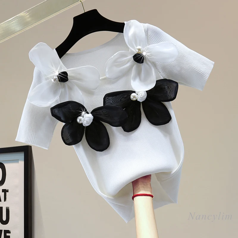

Women's Exquisite Flowers Contrast Color Round Neck Knitted T-shirt 2022 Summer Korean Style Beads Rhinestones High Waist Top