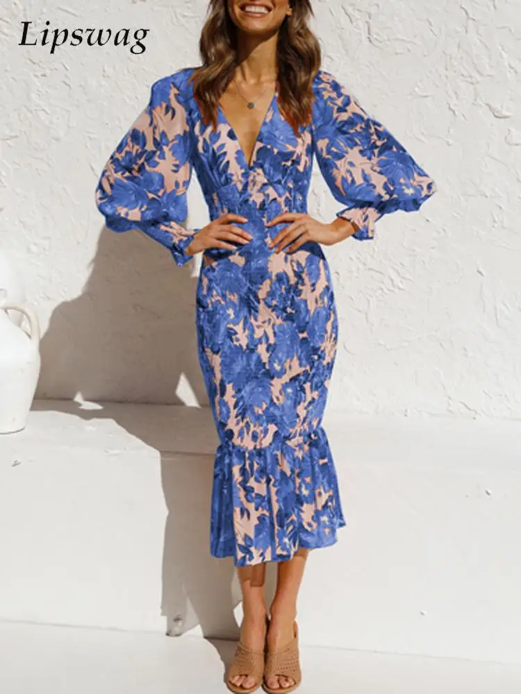 

Женское облегающее платье-карандаш с цветочным принтом, платье-Русалка с длинным рукавом и глубоким V-образным вырезом, платье миди с рукава...