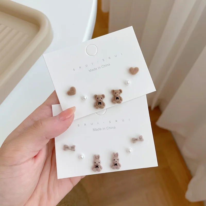 

Brown Flocked Bear Rabbit Earrings Set Funny Plush Small Stud Earrings Animal Earring for Women Girls Ear Studs Jewelry Gifts