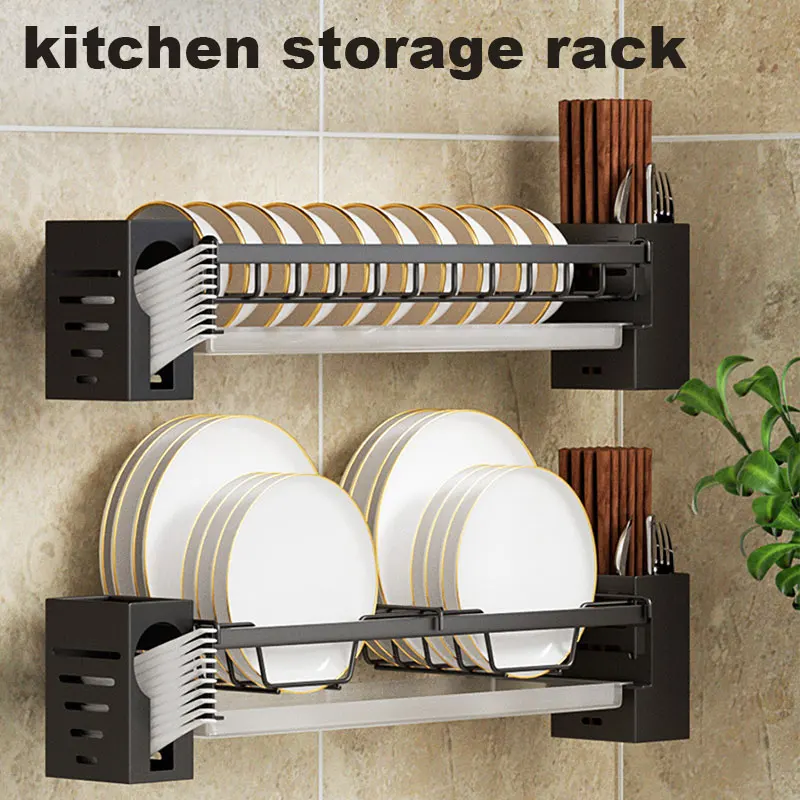 Kitchen Organizer Storage Shelf Dish Rack Wall-mounted Multifunction Drain Chopsticks Spoon Tableware Dish Holder Accessories