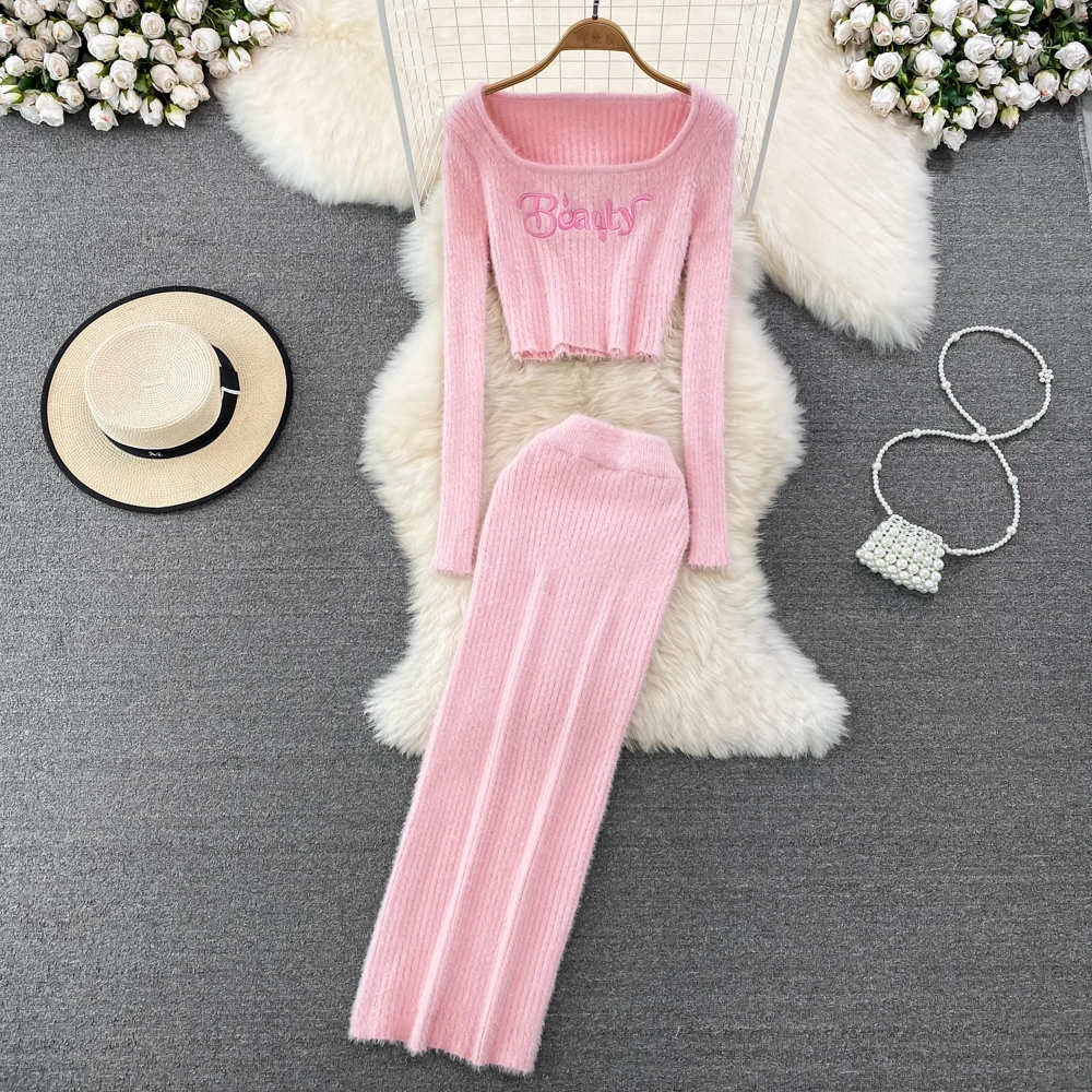 

Women Vintage Knit Two Pieces Skirt Sets Women Long Sleeve Square Neck Blouse and High Waist Full Hip Wrap Skirt