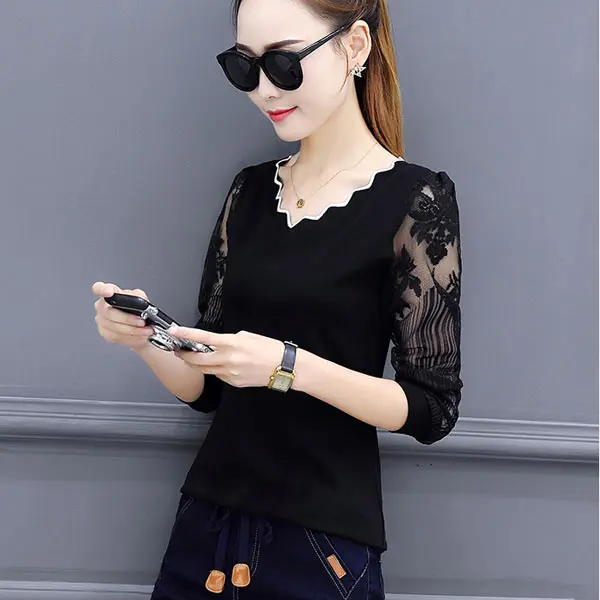 

Casual T-shirt for Women Lace Patchwork Long Sleeve Solid Simple Tops Slim V Neck Tee Top