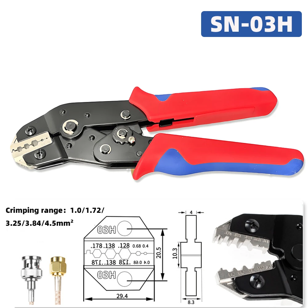 

SN-03H Клещи для обжима коаксиальных проводов 1,0-4,5 мм2 Клещи для проводов BNC 4,5 3,84 Электрические клещи Инструмент для обжима коаксиальных проводов