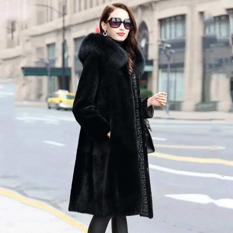 Зимнее длинное черное пальто из искусственного меха норки женское двухстороннее