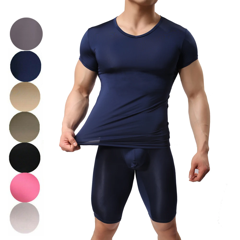 

Sexy Mens Underwear Set Ice Silk Short Sleeve T-shirts Tops+Penis Pouch Pajama Shorts Long Johns Man Homewear Men Sleepwear Suit