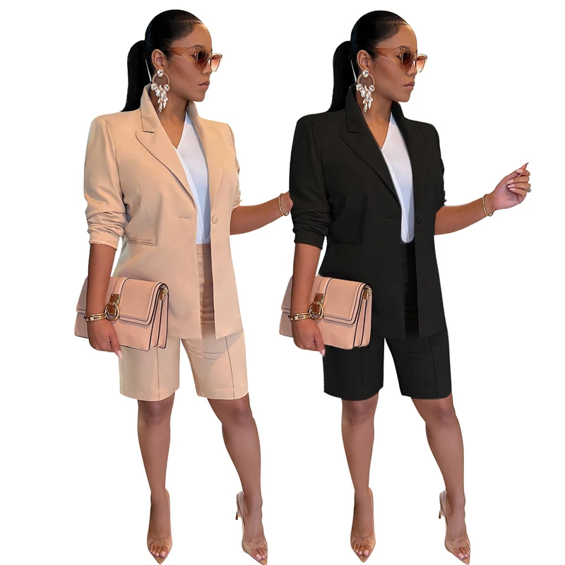 

Office Lady Style Two Piece Set Women Solid Business Work Suit Long Sleeve Blazer Coat Top + Knee Length Pants Fashion Clothes