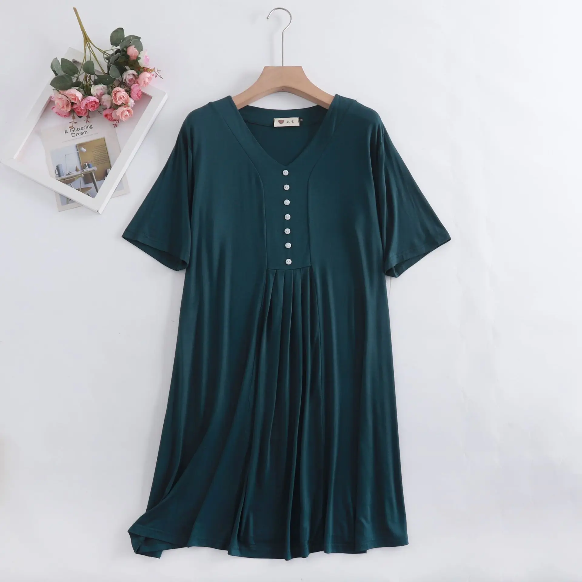 Fdfklak Modal Nightgown Sleep Lounge Women Button Design Summer Loose Homewear Short Sleeve Nightdress Soft Casual Sleepwear