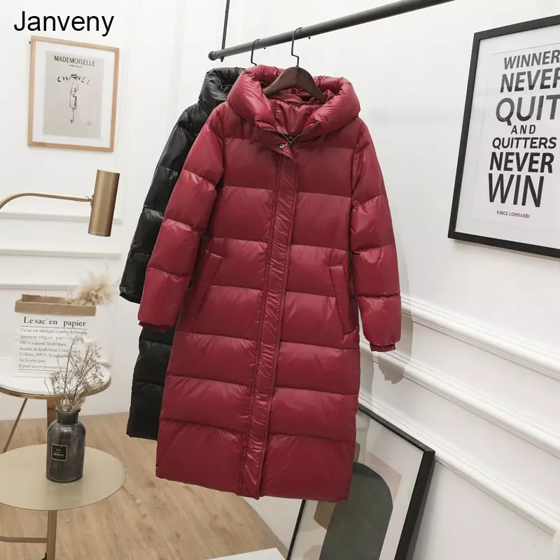 

Пуховик женский зимний длинный с капюшоном, 90% Пух белой утки