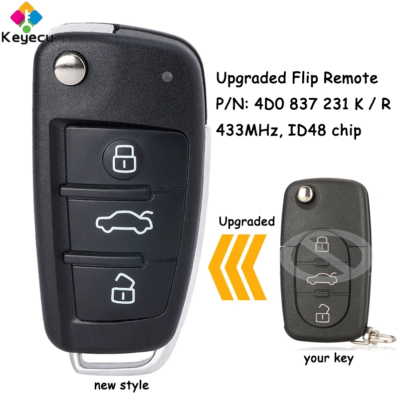 KEYECU-llave de coche remota con 3 botones, 433MHz, Chip ID48 para Audi A2, A3, A4, A6, A8, B5, TT Fob p/n: 4D0, 837, 231 K / R