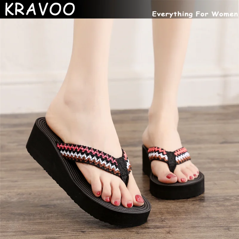 

KRAVOO New Ethnic Flip Flops Shoes for Women Braided Thong Slippers Women's Platform Wedges Sandals Ladies Outside Beach Slides