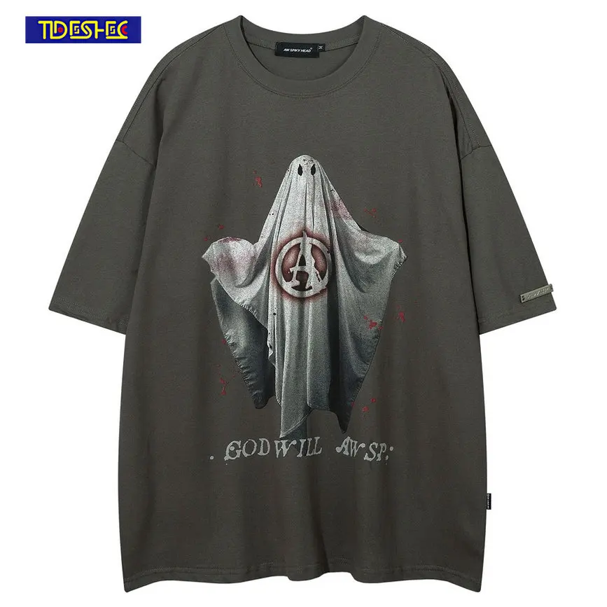 

2023 Men Harajuku Cotton Loose Short Sleeve Tops Tees Letter Graphic Printed T-Shirt Oversized Hip Hop Streetwear Casual T Shirt