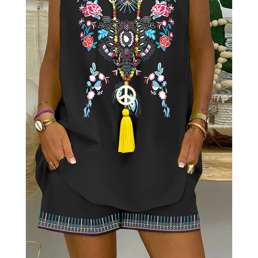 2023 Summer Women y2k Floral Print V Neck Sleeveless Top & Shorts Set Vacation Casual Tribal Two Pieces Set Indie Folk Outfits