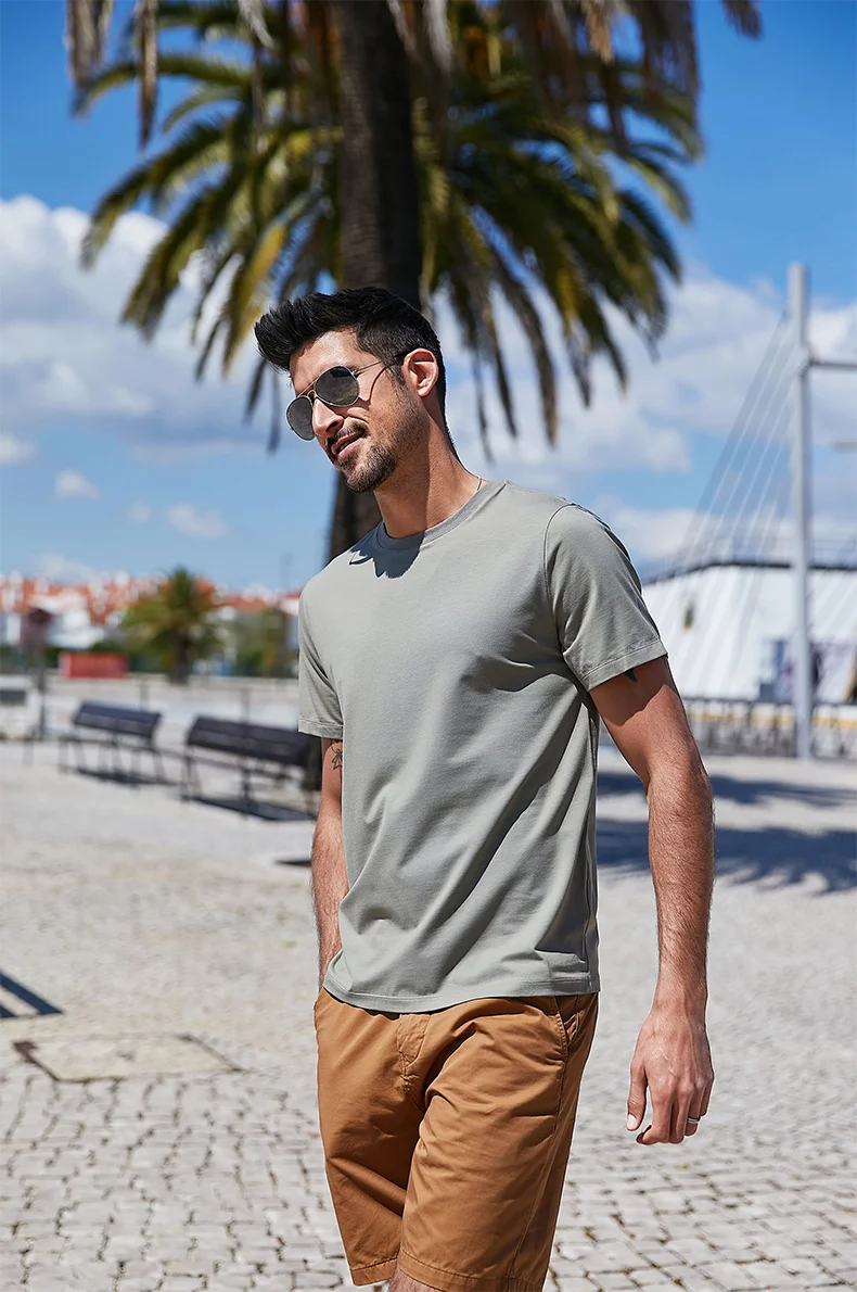 

W2264-Удобная футболка из модала и хлопка с коротким рукавом, Мужская облегающая однотонная эластичная рубашка с круглым вырезом