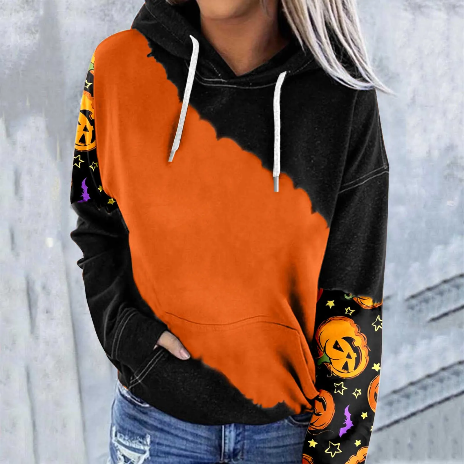 

Women Casual Hoodie Halloween Print Colorblock Sleeve Pocket Drawstring Hoodie Long Sleeve Fleece