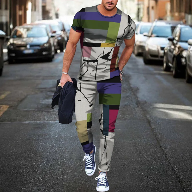 

Men's Autumn Sportswear Suit 3D Printed Striped Square T-Shirt Jogging Street Casual Two-Piece Men's Plus Size Men's Sportswear