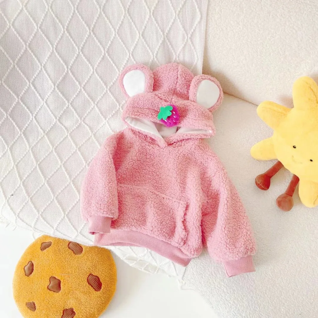 

Cute Sweatershirt for Baby Girls Strawberry Hooded Pink Pullover Tops Clothes Soft Warm Fleece Cotton Hoodies 1-6Y Children Wear