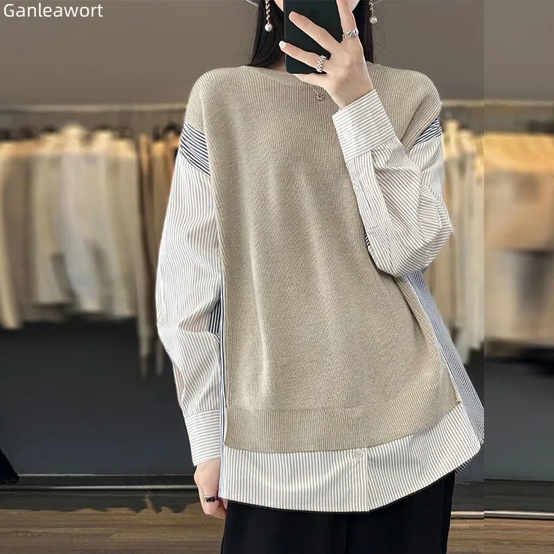 

Large Size Women's Sweater Spring Wool Knitted Spliced Cotton Shirt Fake Two Piece Round Neck Loose Pullover Striped Long Sleeve