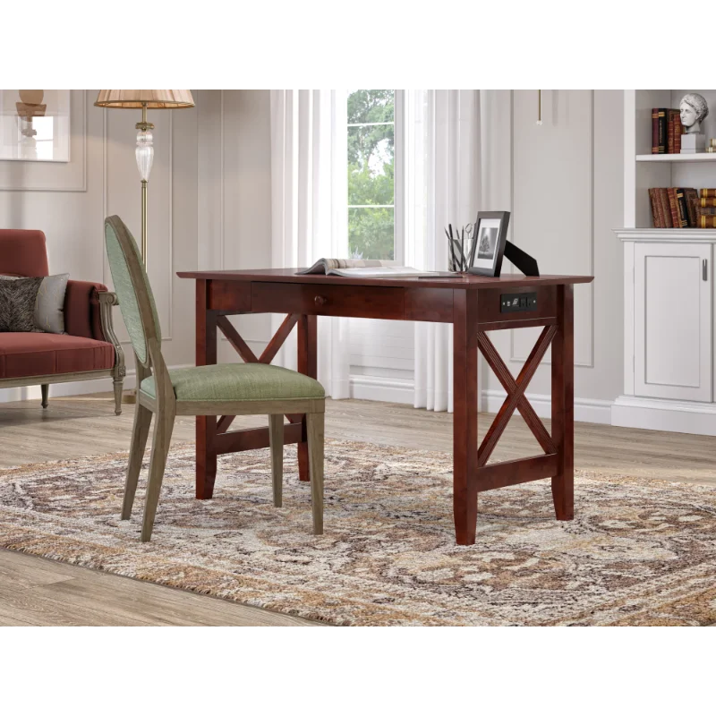 

X Design by AFI Solid Wood Writing Desk with Storage Drawer & Charging Station, Walnut