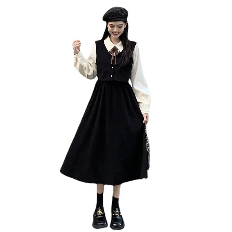 Autumn and Winter 2022 New Korean Fake Two Piece Waist Closing Women's Dress Medium Length Hepburn A-line Skirt