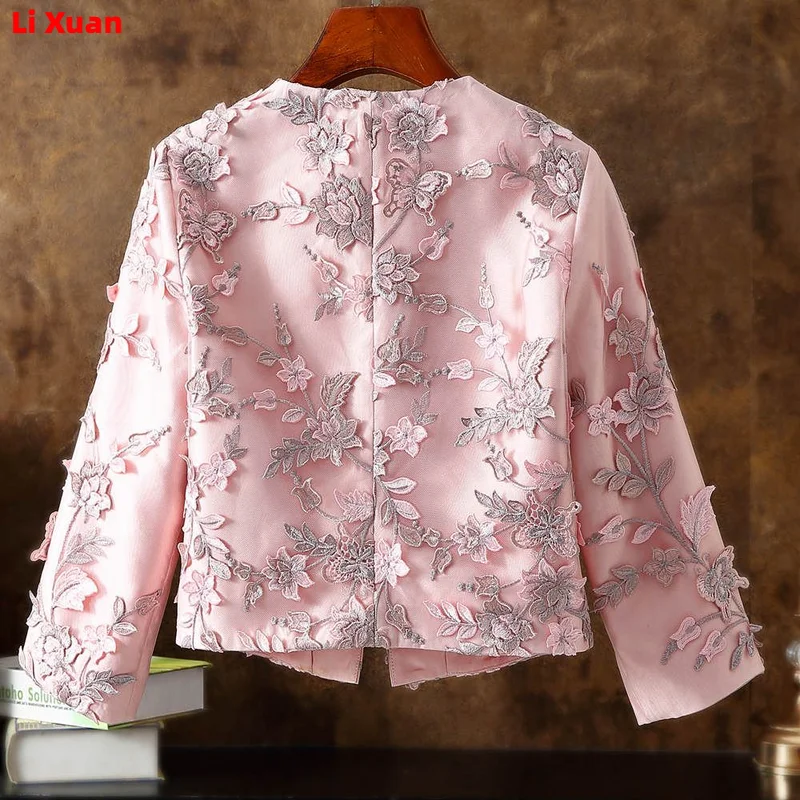 Spring  Autumn Brocade Short Three-dimensional Flower Pink Coat Round Neck Slim Fit Collarless Jacket Blazer Small Fragrance Top