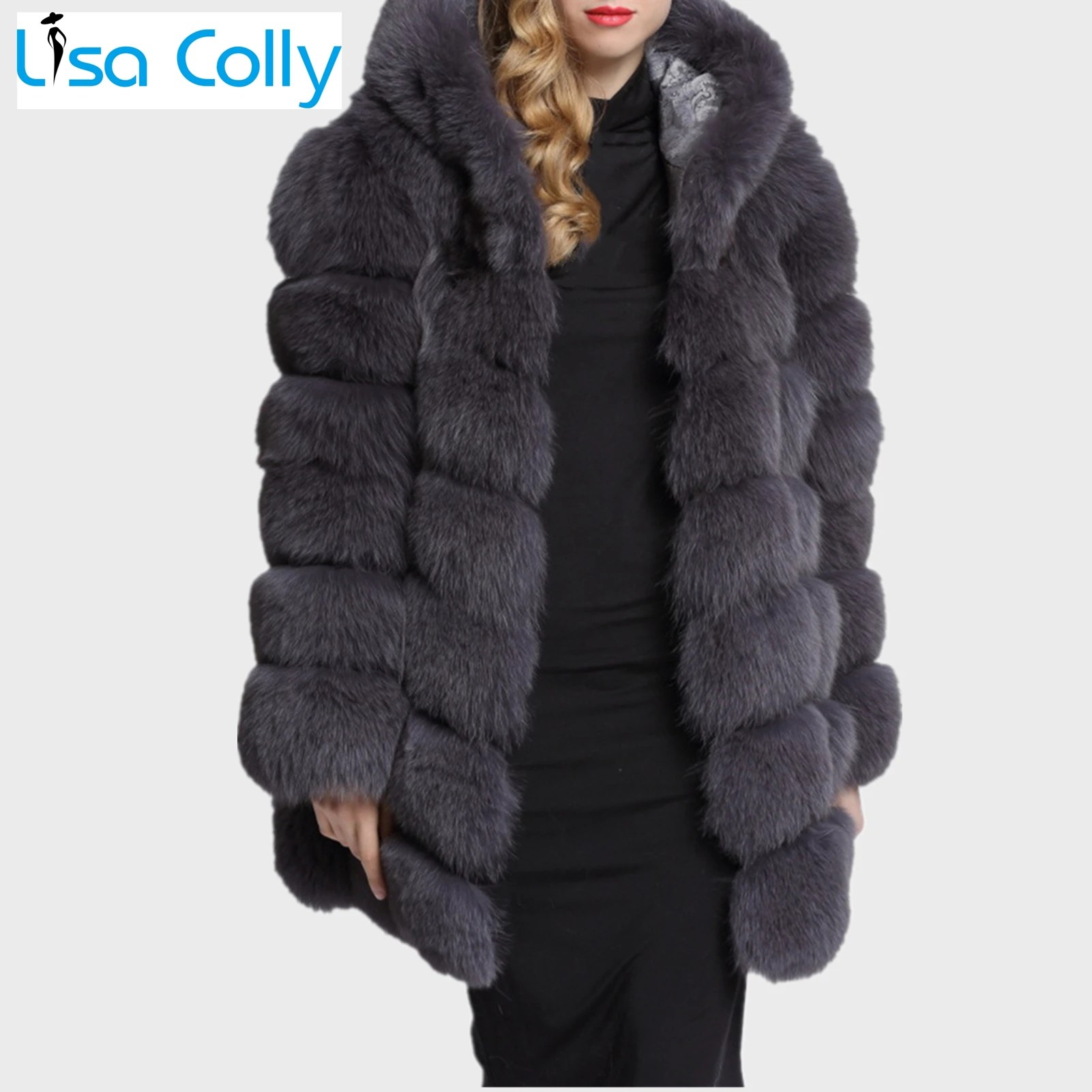 Lisa Colly High-Grade Fashion Women Winter Hooded Fake Fur Jackets Coats Artificial Fox Fur Coat Outwear Casual Party Overcoat