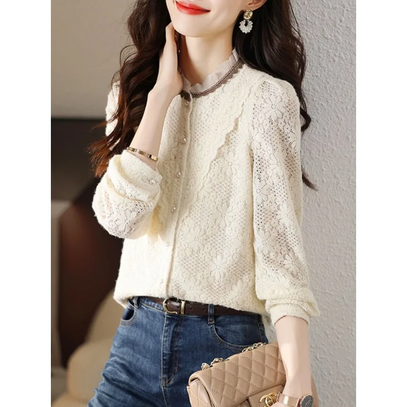 Женский кружевной топ с воротником-стойкой в Корейском стиле продвинутым