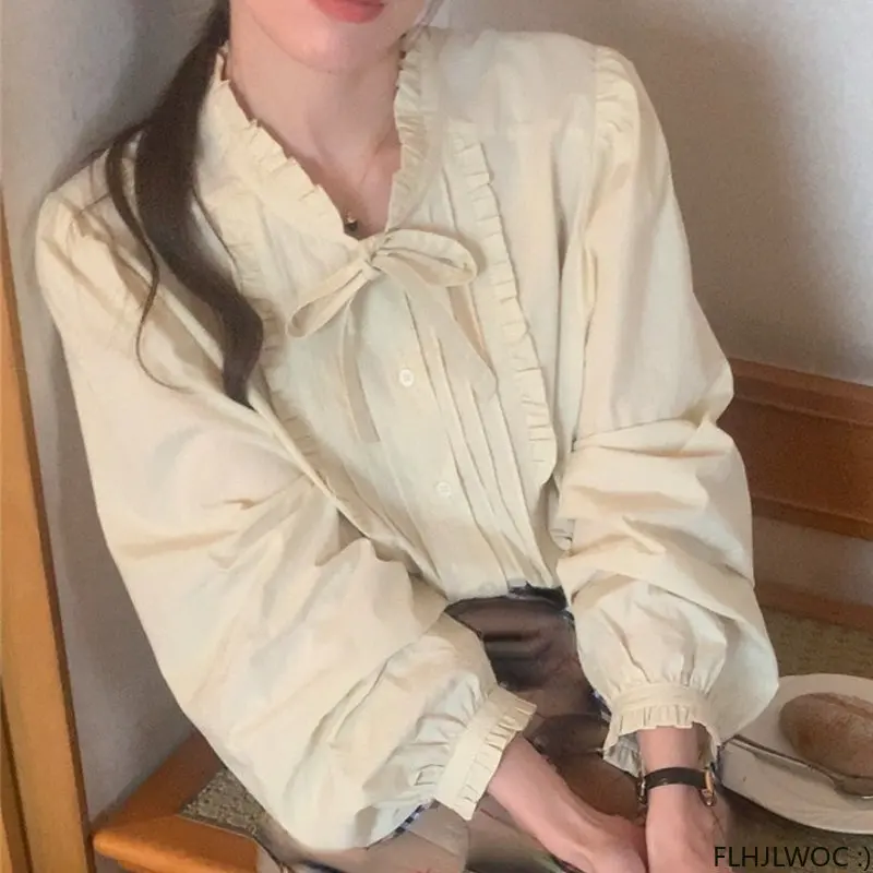 

Cotton Bow Tie Tops Women Korean Style Design Clothes Flare Sleeve Elegant Office Lady Cute Ribbon Sweet Basic Shirts Blouses