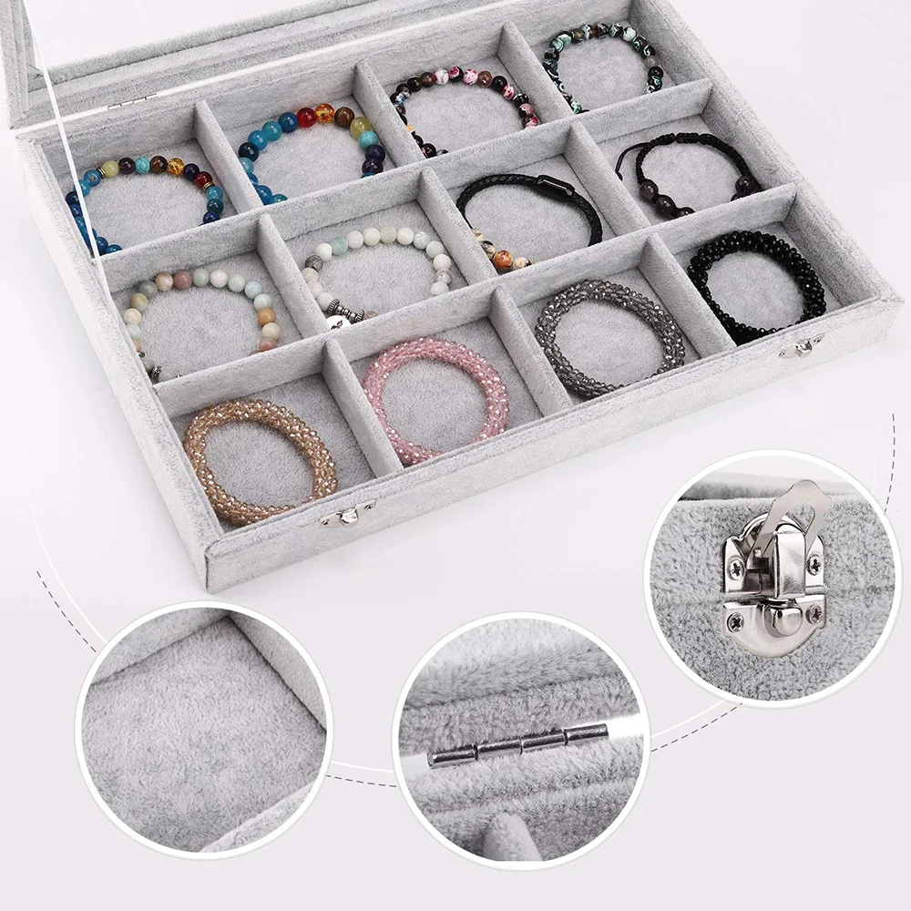 Crystals Velvet Jewelry Organizer Box 24 Grid Clear Lid Earrings Storage Case Ring Holder Stackable Necklace Tray Display Gift