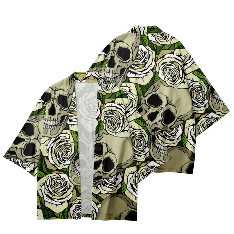 

Japanese Streetwear kimono shirt men/women Summer Japanese Harajuku Horror Skull mens chiffon shirt Casual kimono Cardigan