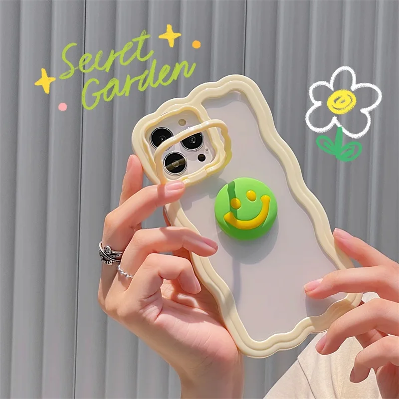 

Korea Cute Cartoon 3D Smiley 3 In 1 Stand Phone Case For IPhone 13 12 11 Pro Max XR XS Creative Wavy Edge Shockproof Soft Cover