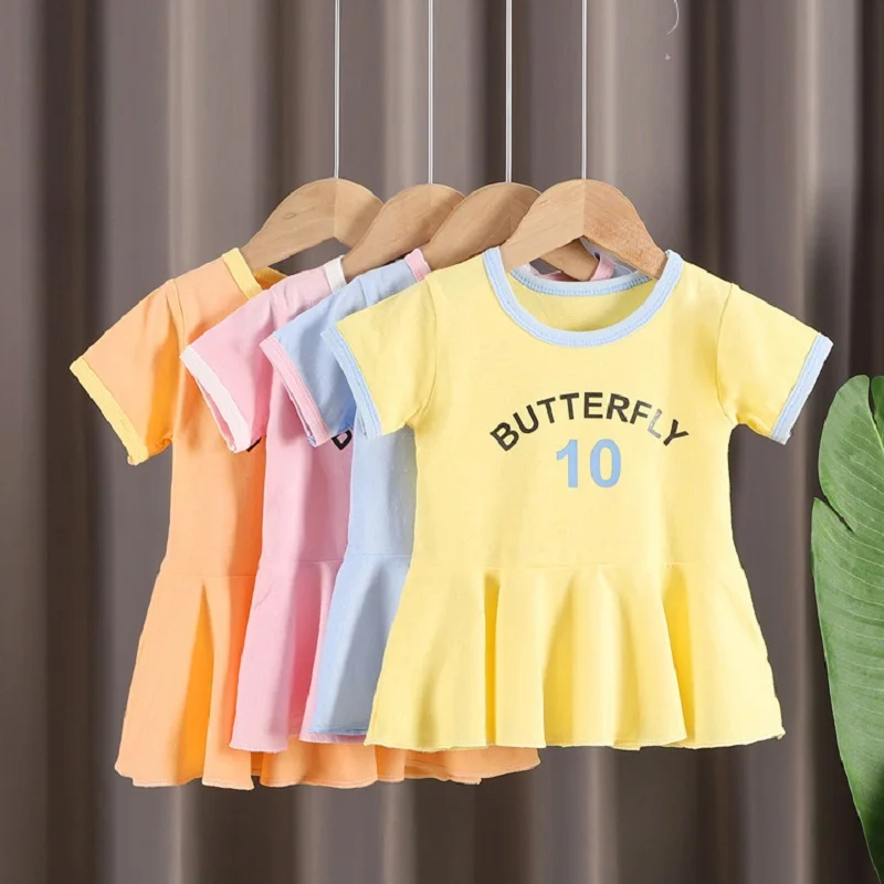 

2022 Summer Outfit Newborn Baby Girl Dresses Korean Cute Short Sleeve 100% Cotton Infant Princess Pink Dress Toddler Clothes