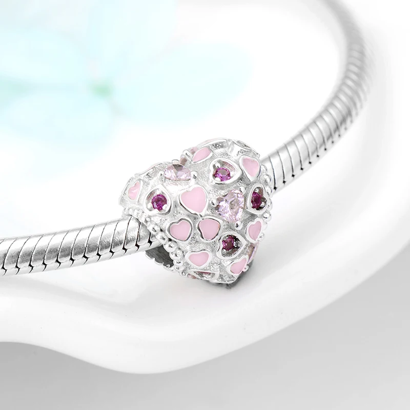 Новые искусственные Серебристые розовые бусины в форме сердца с фианитами