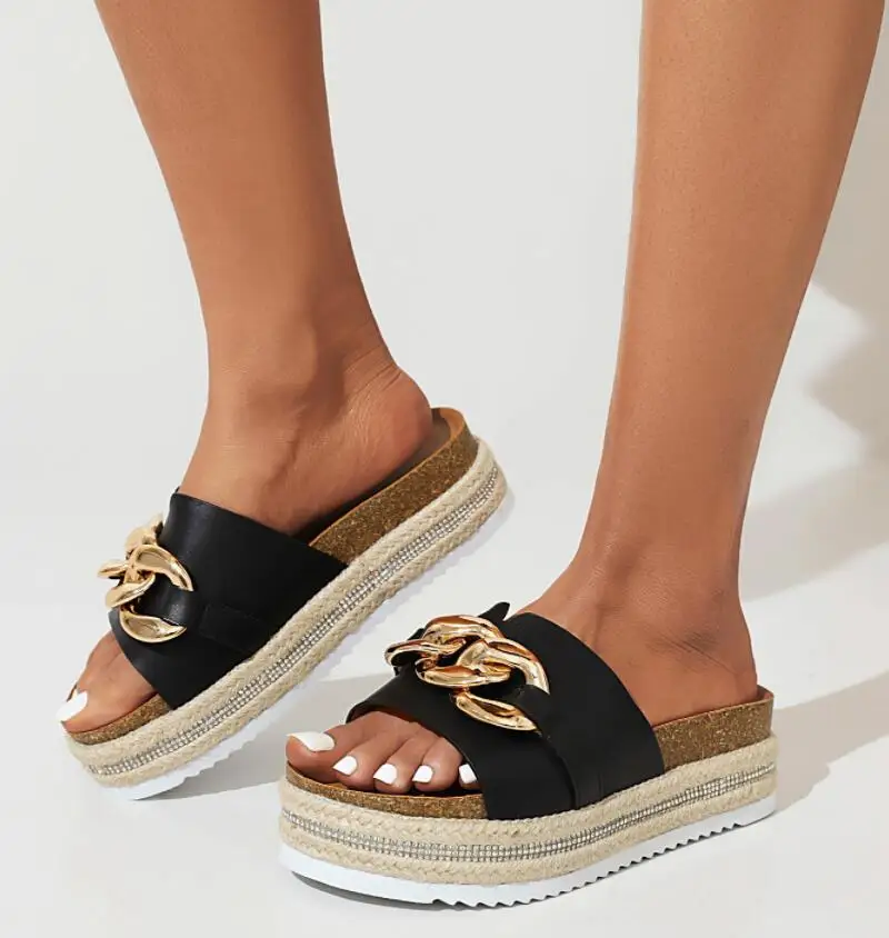 

Женские соломенные шлепанцы, черные, розовые, белые шлепанцы на плоской платформе, с металлической застежкой, со стразами, большие размеры до 42, лето 2023