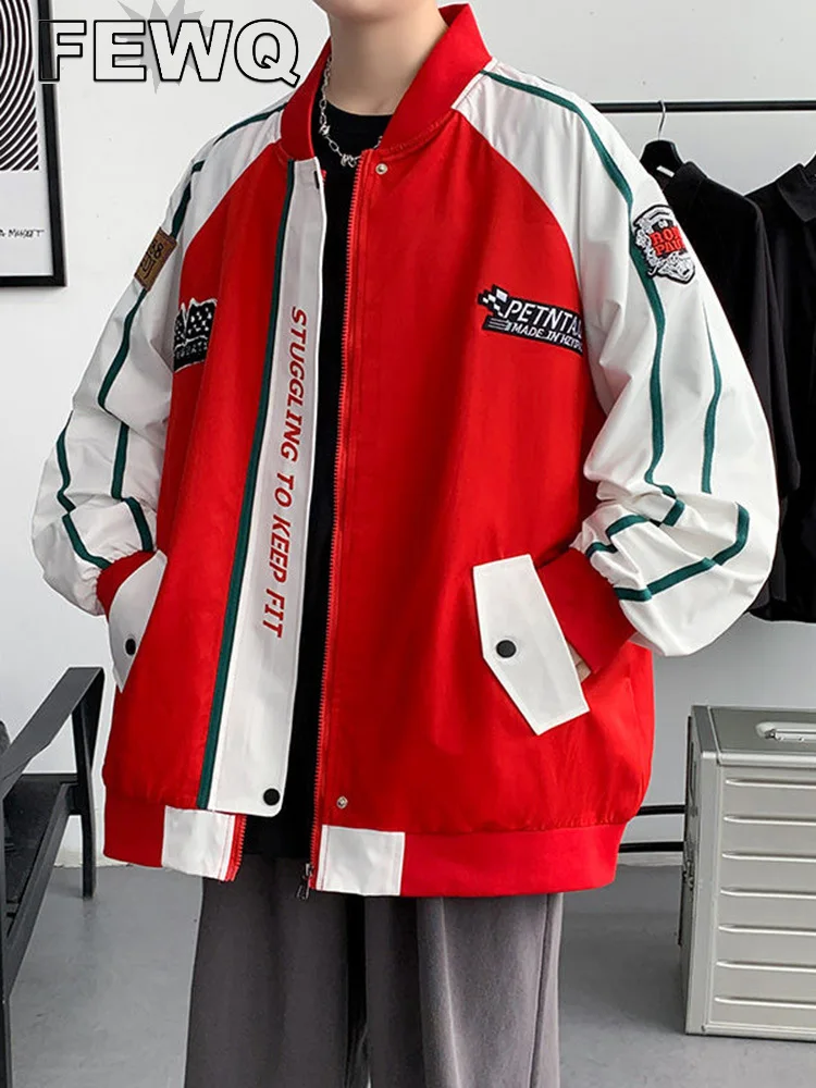 

Мужская куртка с V-образным вырезом FEWQ, куртка контрастных цветов с карманами, Мужская свободная куртка на молнии в стиле хип-хоп, Новинка ос...