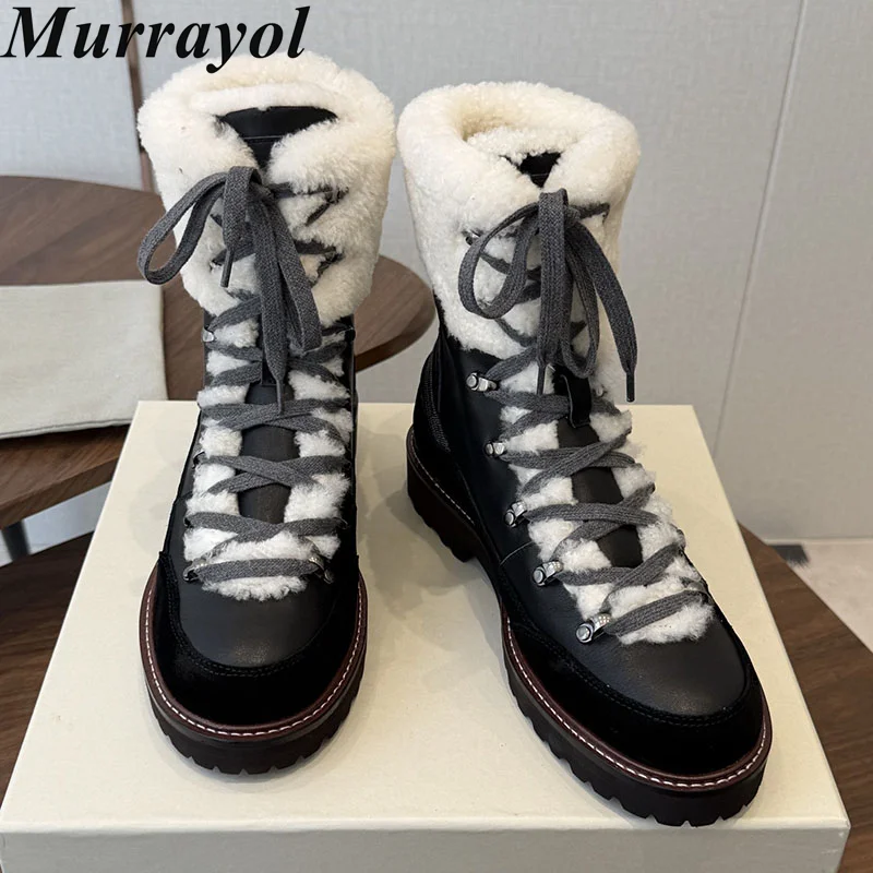Фото Женские зимние ботинки с меховой подкладкой, складным воротником, шнуровкой, плоской толстой нескользящей подошвой, теплые, с подкладкой из натуральной шерсти, короткие ботинки для улицы. №4