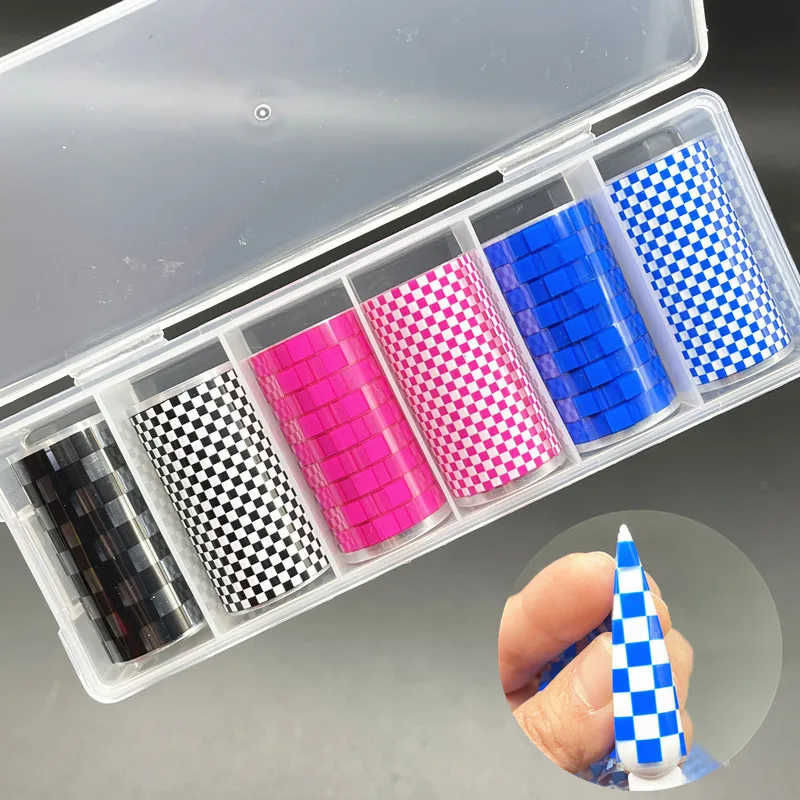 6 rolls Chessboard Nail Foils for Transfer Paper Fire Flame Stickers Marbling Nails Wraps DIY Plaid Art Decorations |