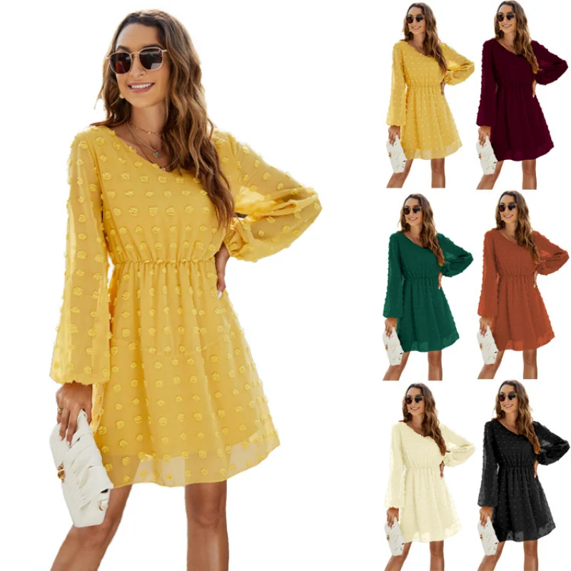 

Spring and autumn fashion women's polka dot dress spring A-line skirt ruffled V-neck casual loose short mini dresses