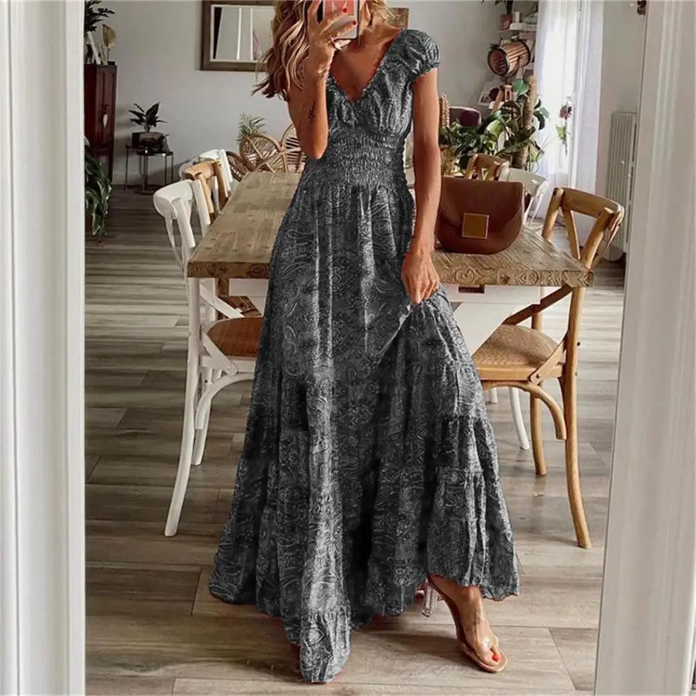 

Female Clothes V-neck High-Waist A-Line Elastic Waist Maxi Dress Bohemia Vintage Print Ruffle Large Hem Long Dress Streetwear