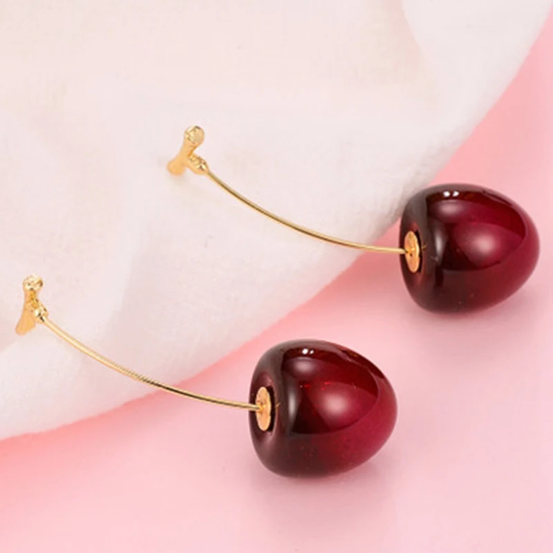 

Корейские милые романтические круглые висячие серьги в богемном стиле, 1 пара, висячие серьги в виде фруктов из смолы, красной вишни, вечерни...