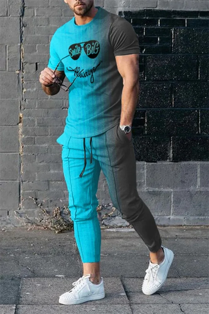 2023 Men's Clothing Tracksuit Set 2 Pcs Sports Suit 3d Print Smiley Summer Casual Men Sets Outfits Short Sleeves T-shirt+Pants