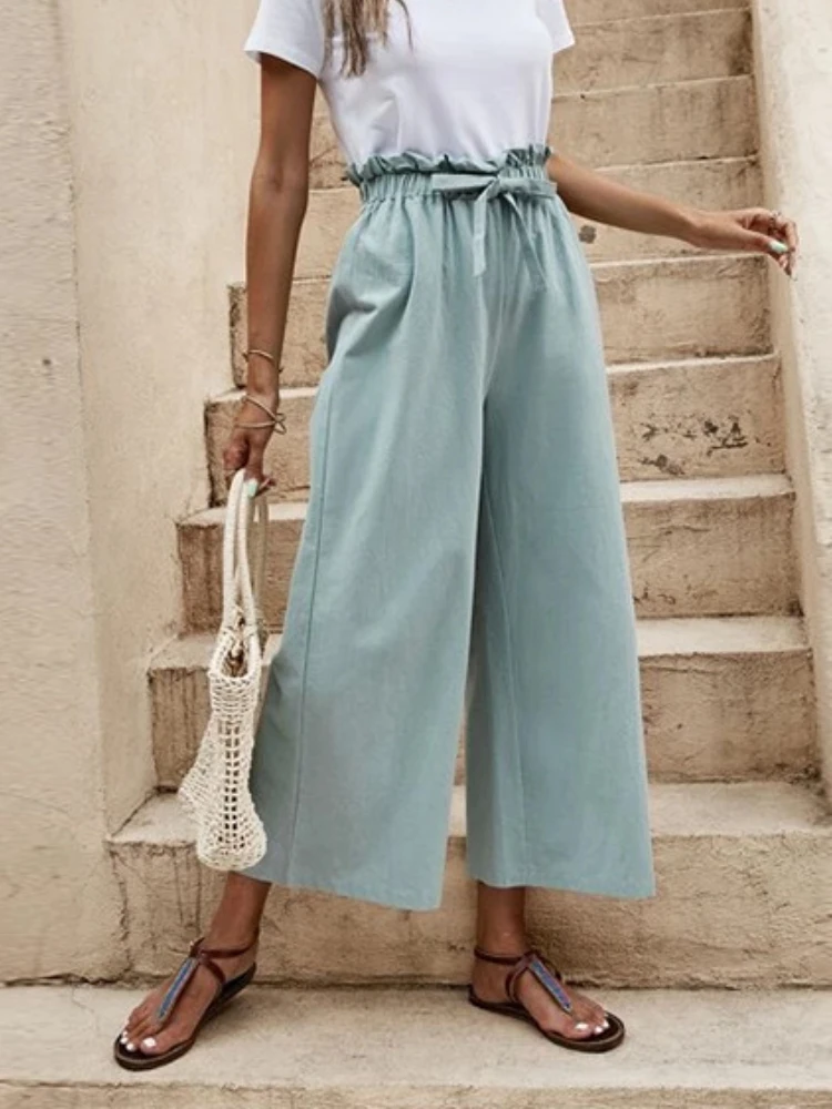 

2023New Spring Summer Women's Elastic Waist Solid Color Cotton Belt Wide Leg Pants Loose Nine-piece Cargo Pants Women Clothes