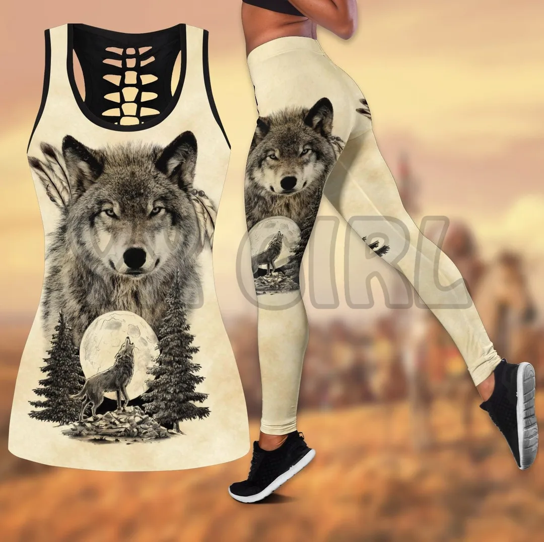 Native Wolf And Moon Native  3D Printed Tank Top+Legging Combo Outfit Yoga Fitness Legging Women