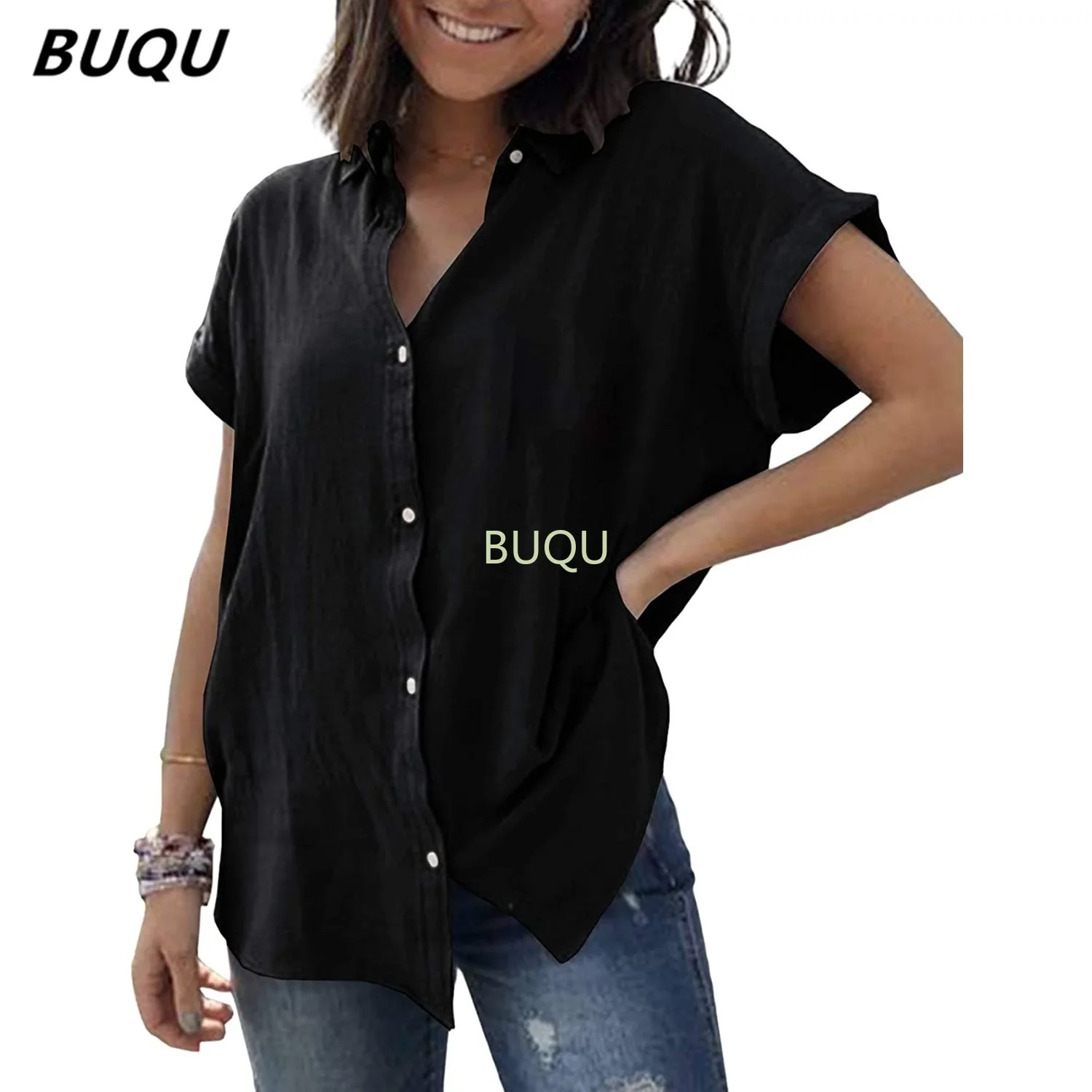 

BUQU Summer Blouses Cotton Linen Long Sleeve Women's Shirt White Women Single Breasted Turn-down Collar Elegant Ladies Tops 2022