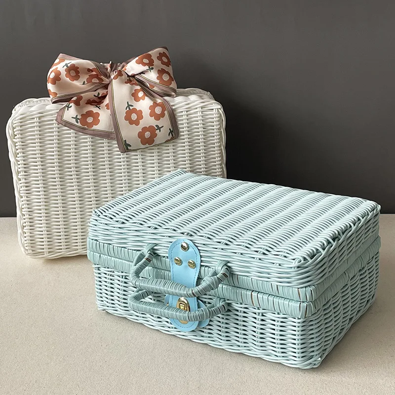 

Retro Rattan Storage Box Cosmetic Jewelry Finishing Rattan Box Portable Sundries Organizer Suitcase PP Vintage Wicker Suitcase