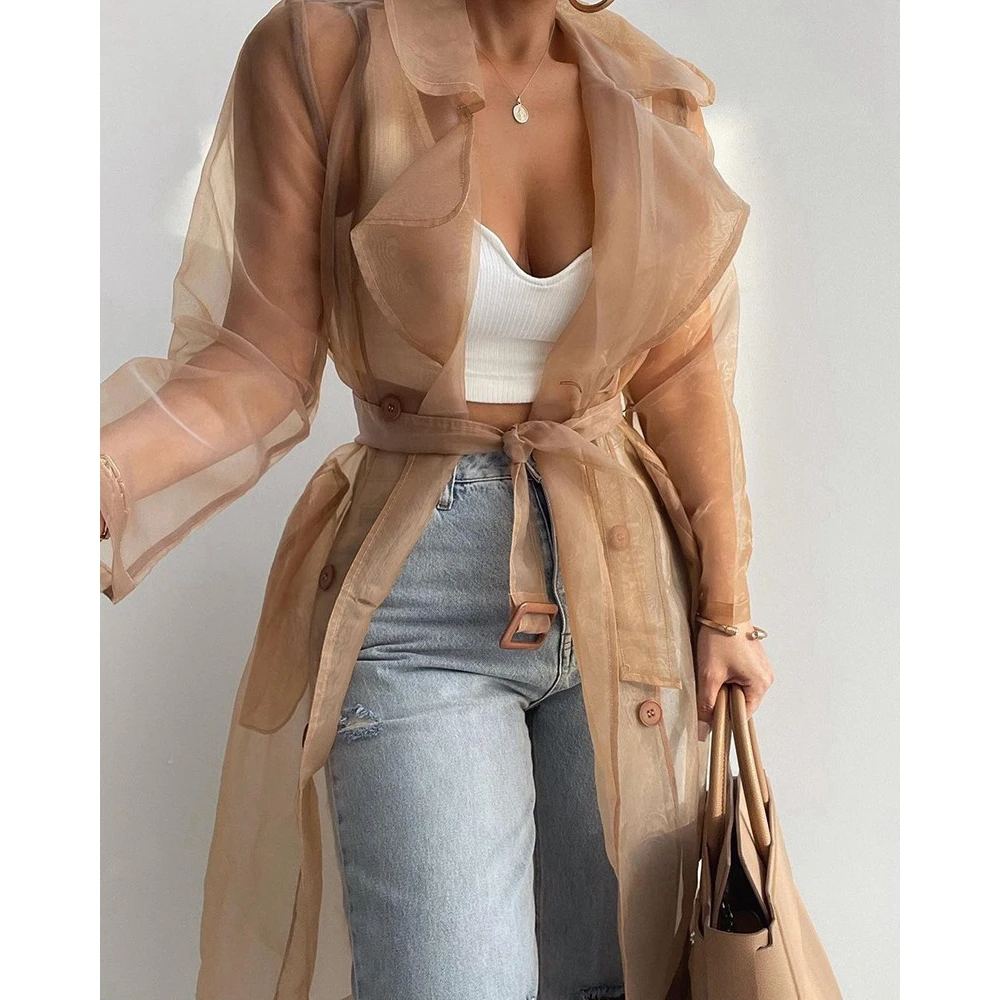 Casual Women Sheer Mesh Long Sleeve Blazer Coat With Belt Women Single Breasted Nothched Collar Coat Spring Outfits Outwear