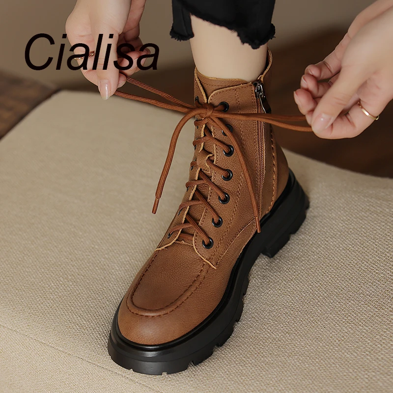 

Cialisa New Arrival Women Ankle Boots 2023 Autumn Winter Round Toe Genuine Leather Zipper Daily Mid Heels Shoes Lady Short Boots