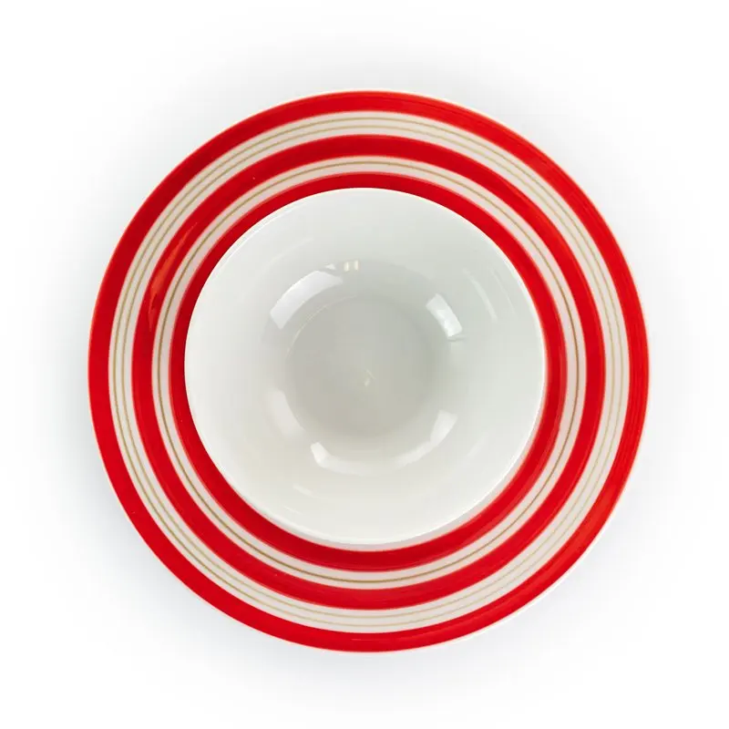 

Gorgeous 12 Piece Round Fine Ceramic Stripes Dinnerware Set in Red - Perfect for Any Occasion!