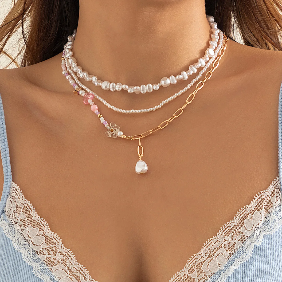 

Boho Multilayer Imitation Pearl Beaded Clavicle Necklace Women's Vintage Pentagram Peach Heart Flower Girls Fashion Jewelry