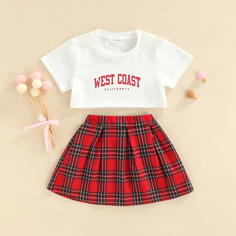 

Комплект из милой юбки для маленьких девочек, короткий топ с коротким рукавом и круглым вырезом, клетчатая короткая юбка с высокой талией дл...