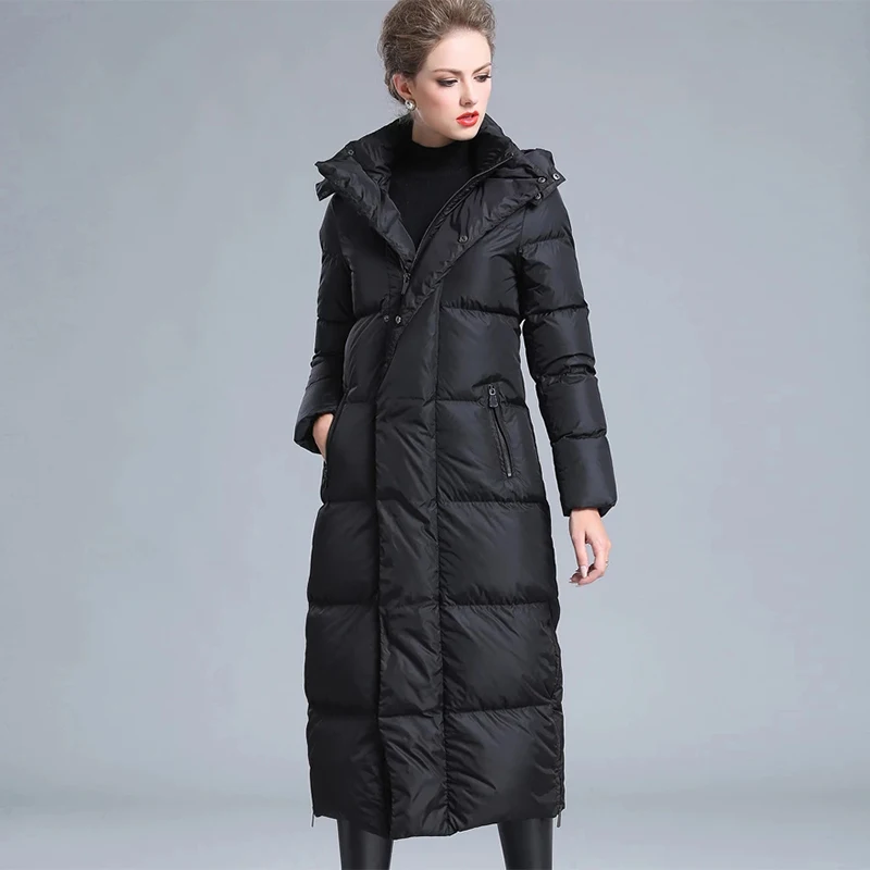 Women's winter clothing puffer zipper down coat 8XL size 4XL black gray navy blue thick warm 7XL size long down jacket